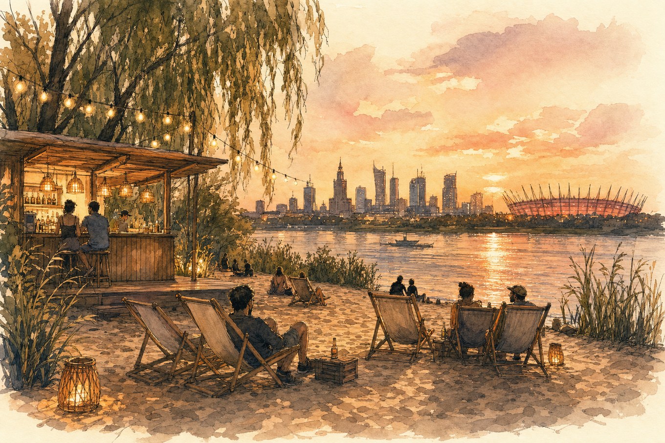 Plaża nad Wisłą wieczorem — leżaki i lampki — ilustracja